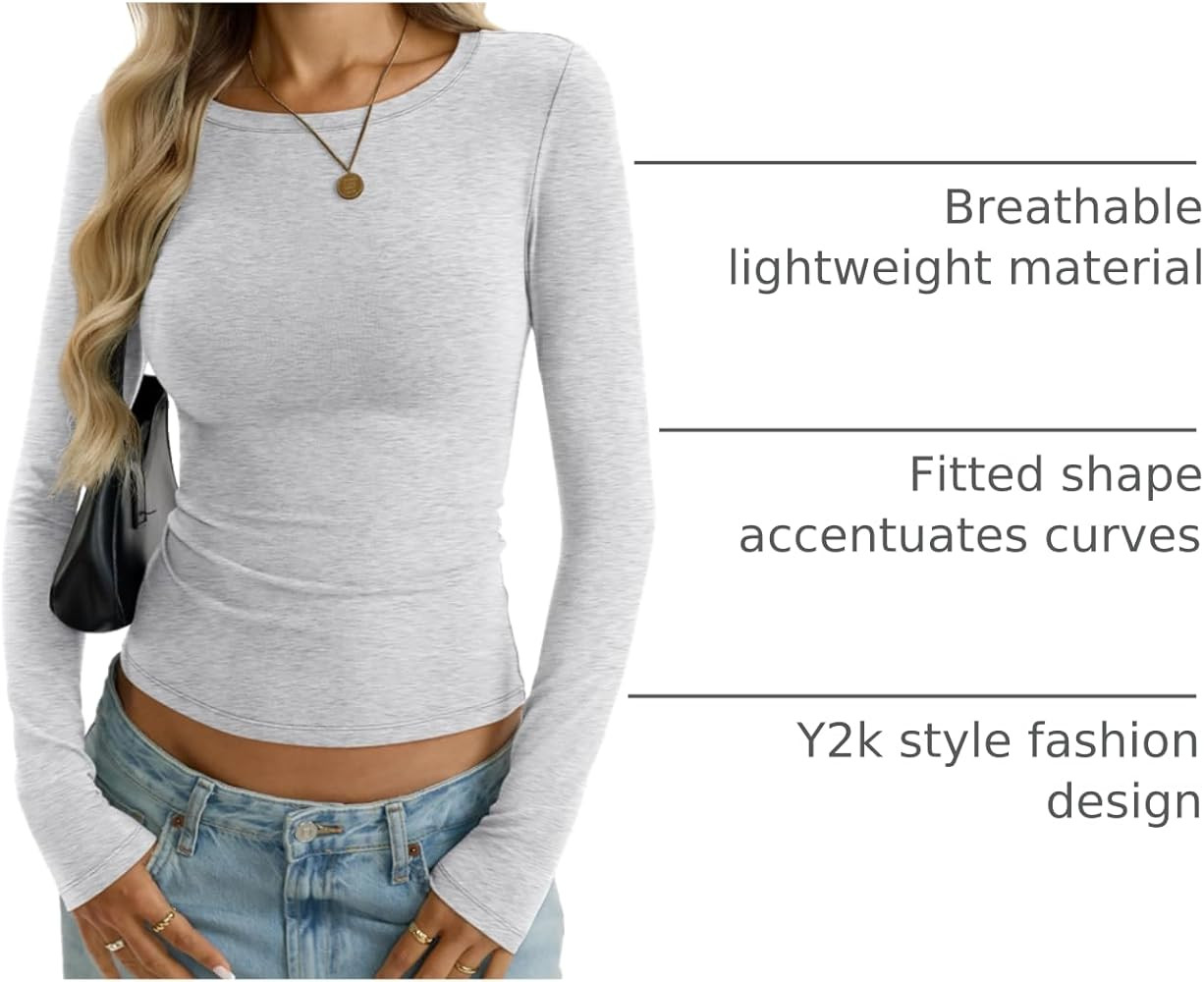 EasyGala Womens Cotton Long Sleeve Shirts Wide Round Neck Fitted Tops Basic Going Out Crop Outfit... | Amazon (US)