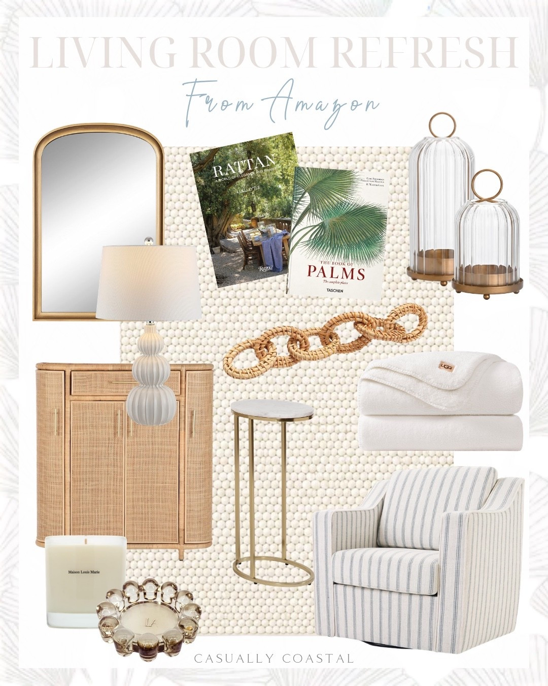 Living Room Refresh From Amazon

Amazon living room decor, coastal home, coastal style, Amazon rug, coastal rug, Amazon mirror, Amazon side table, Amazon lamp, Amazon decor book, Amazon throw blanket, Amazon accent chair, coastal accent chair, 100% wool knit popcorn rug, ivory rug, 8x10 rug, neutral rug, oval c-table, drink table, striped swivel accent chair, UGG whitecap throw blanket, fleece blanket, rattan bar cabinet, arched wooden wall mirror, metal candle holder, glass lanterns, rattan chain link, Rattan decor book, table lamp, Maison Louis Marie candle, amber glass large bubble candle dish, flameless LED candles, pouf ottoman

#LTKHome