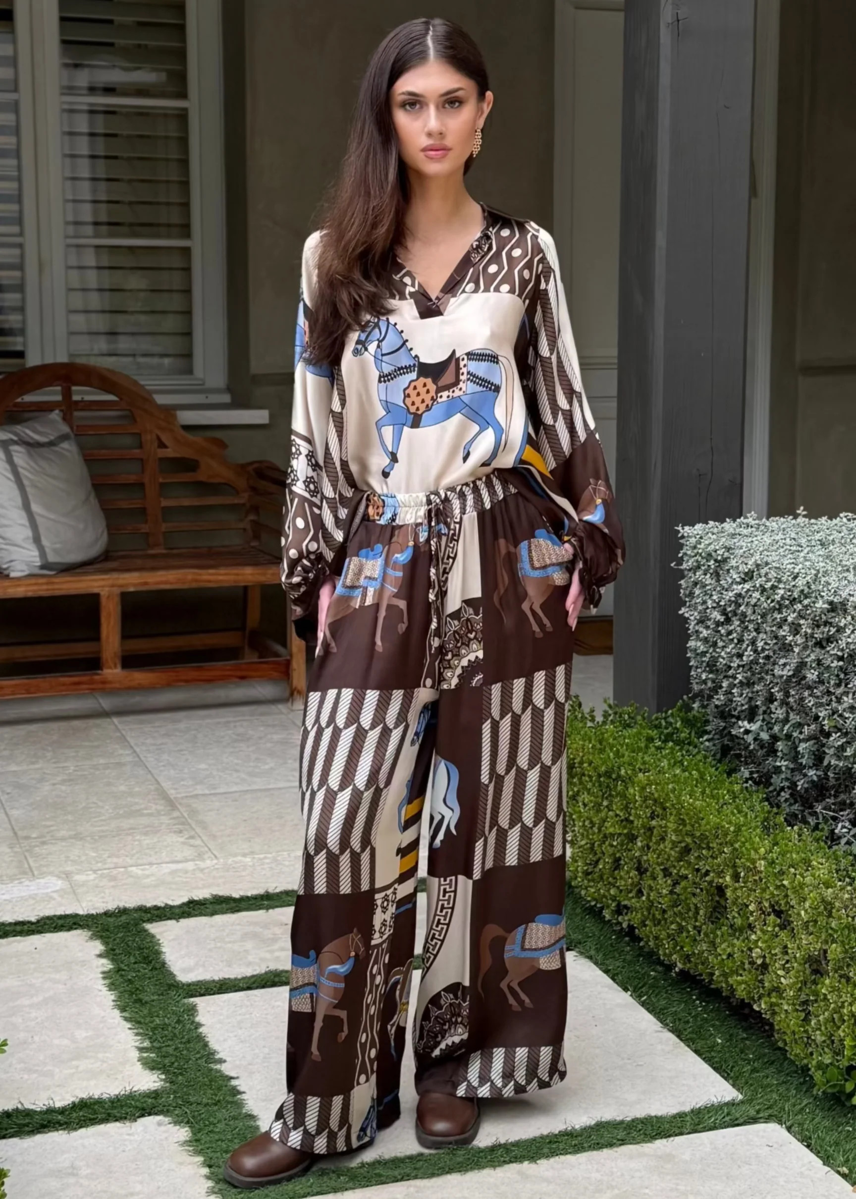 Amara Equestrian Print Silky Pants - Brown | Benaar La