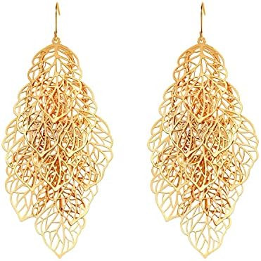 14K Gold Plated Leaf Dangle Earrings for Women Big Gold Statement Drop Earrings | Amazon (US)