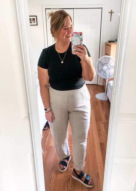 Teacher outfit for a hot day! My tee and sandals are older but I’ll link similar.  Wearing a large regular in the pants  

#LTKMidsize #LTKWorkwear #LTKFindsUnder50