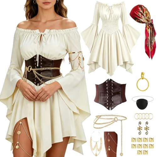 7Queen Pirate Costume Women Outfit Halloween Pirate Costumes Pirate Accessories Halloween Cosplay Party Outfit (Khaki, XXL) | Amazon (US)