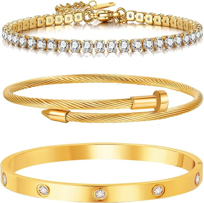 18K Gold Plated Stackable Love Bangle Bracelet Set for Women - 3 Pcs Stainless Steel Chain Bracel... | Amazon (US)