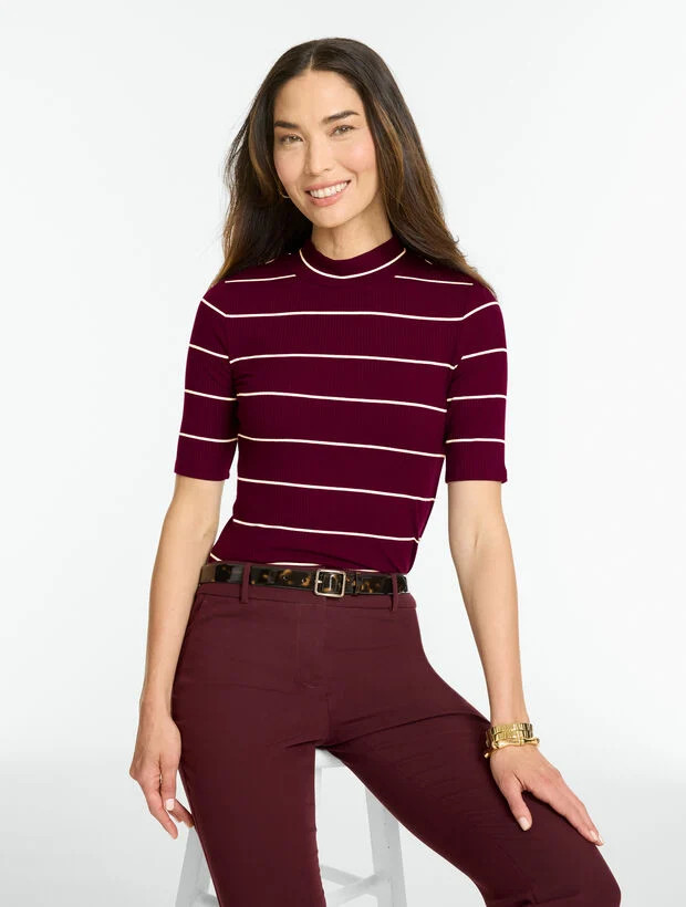 Ribbed Elbow Sleeve Mockneck Top - Linda Stripe | Talbots