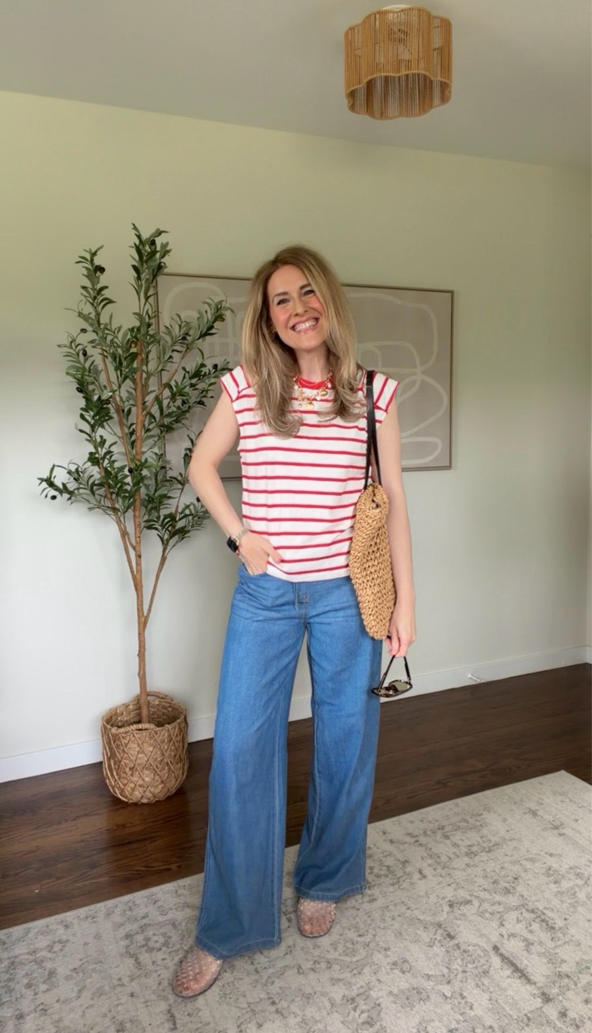 Walmart summer outfit idea with this stripe muscle tank (I went up one size to medium) and these wide leg drawstring jeans (I stayed true to size small). #walmartfashion

#LTKOver40