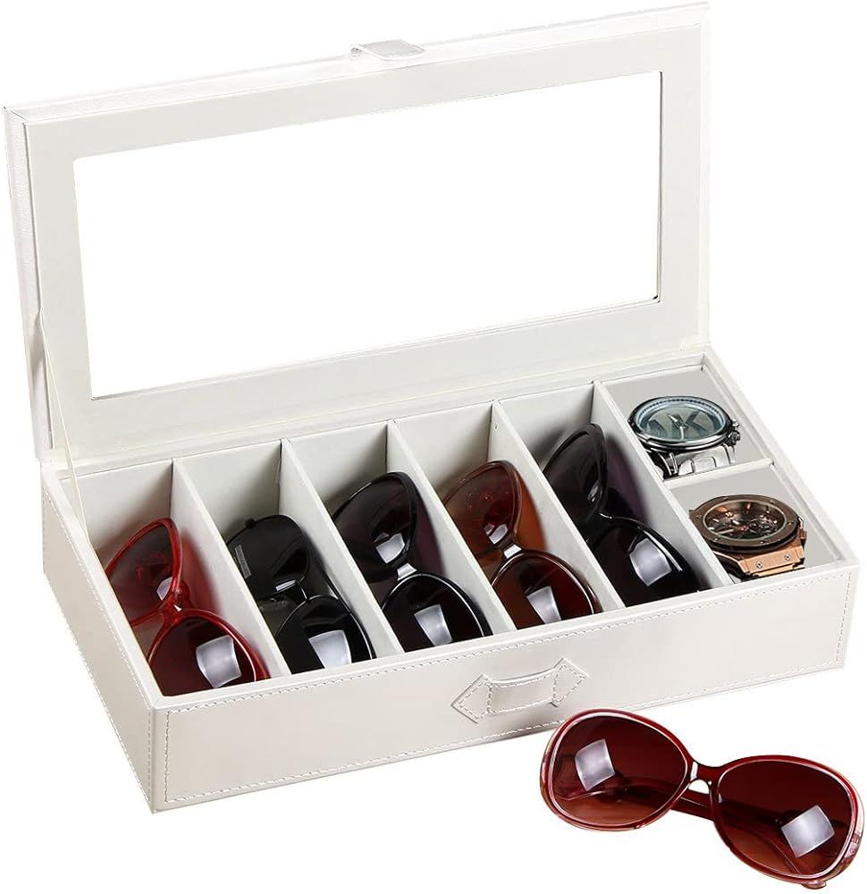 YAPISHI PU Leather Sunglasses Organizer, 7 Slots for glasses Sunglasses and Jewelry Storage Displ... | Amazon (US)