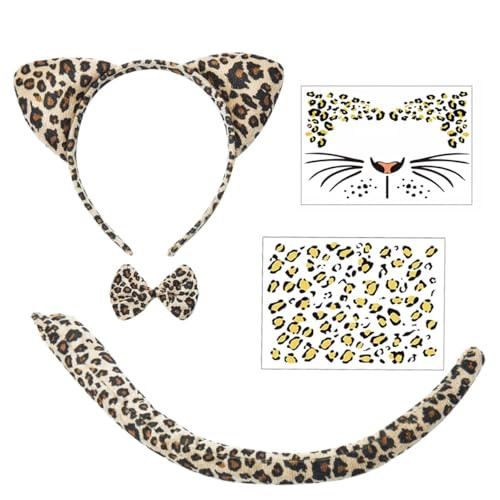 Leopard Cheetah Ears and Tail Cheetah Costume Women Leopard Ears Headband with Stickers Halloween Headband Cosplay Set | Amazon (US)