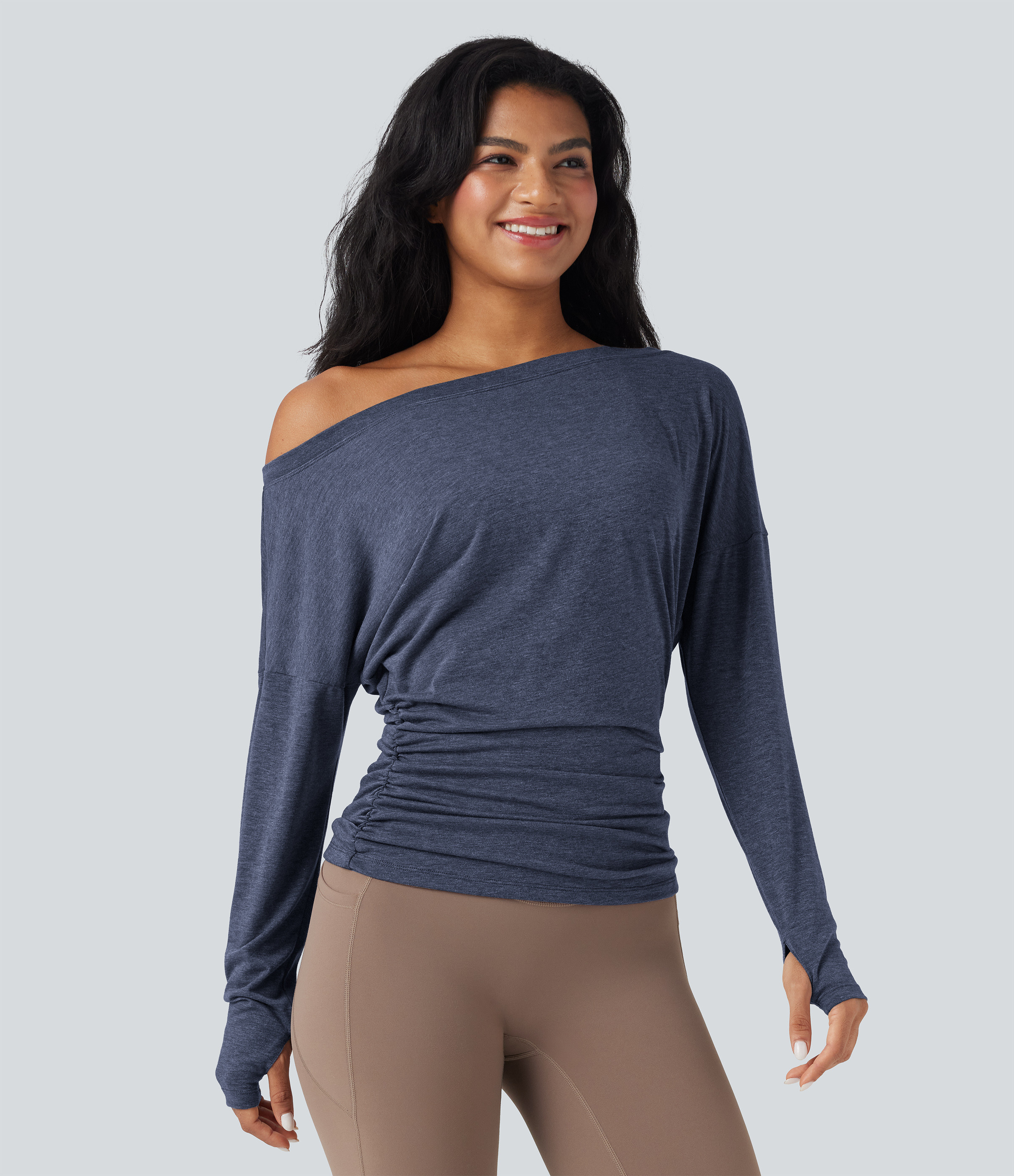 Halara One Shoulder Long Sleeve Thumb Hole Ruched Yoga Sports Top - Smoked Blue Floral Yarn - XS | HALARA