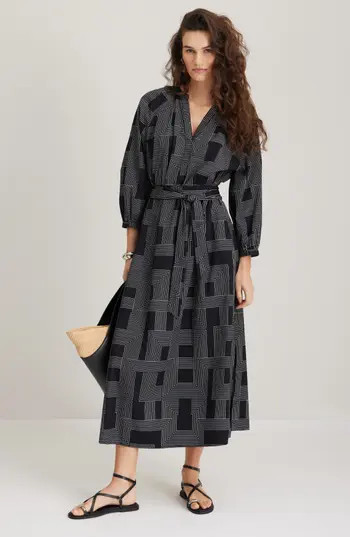 Nordstrom Long Sleeve Belted Cotton Poplin Maxi Dress in Black- Ivory Stripe Mix at Nordstrom Rack, Size Large/x-Large | Nordstrom Rack