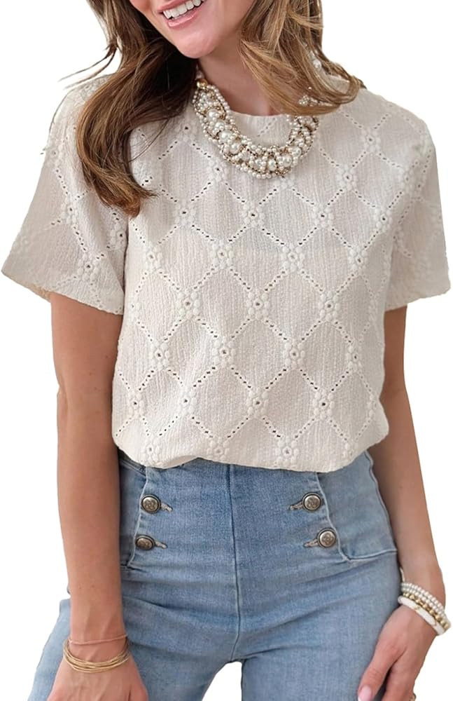 Dokotoo Women's Tops Casual Scoop Neck Short Sleeve Eyelet Embroidered Hollow Out Blouses Shirts | Amazon (US)