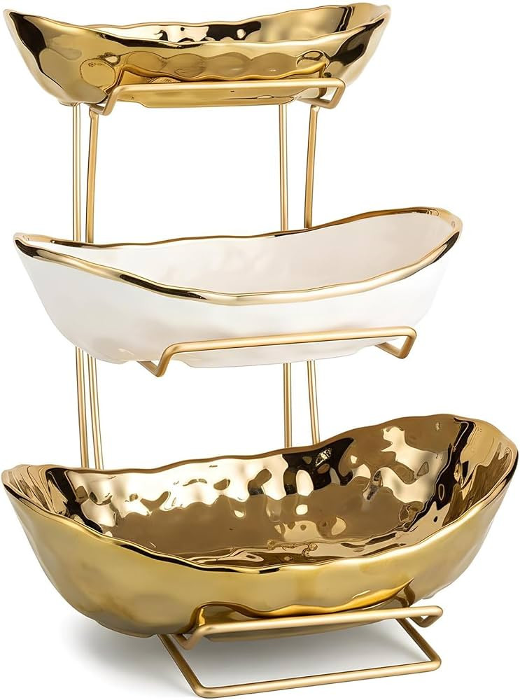 3-Tier Gold Fruit Bowl & Tray with Metal Stand - Ceramic White, Triple Layer for Snacks, Nuts, Br... | Amazon (US)