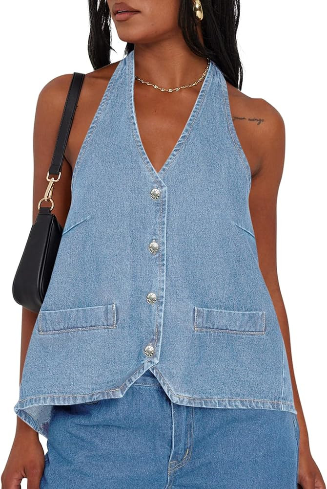 Tankaneo Womens Halter Denim Vest Tops Summer Open Back Y2K Going Out Tank Tops V Neck Button Dow... | Amazon (US)