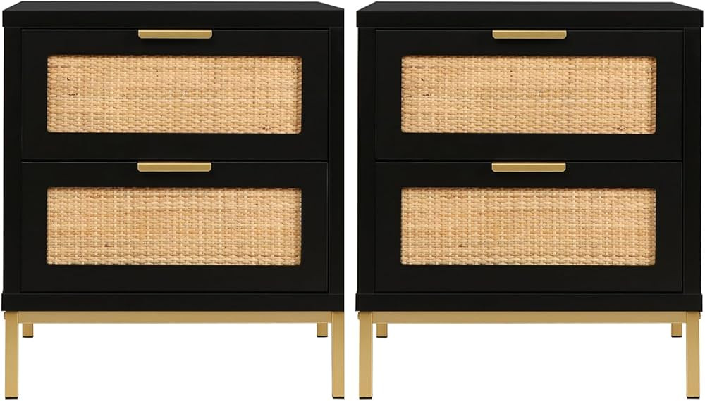 Anmytek Rattan Nightstand Set of 2, Boho Bedside Table with 2 Rattan Decorated Drawers, Black Woo... | Amazon (US)