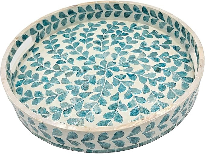 PEMAR 12.6” Mother of Pearl Round Serving Tray with Handles, Decorative Nacred Wooden Ottoman C... | Amazon (US)
