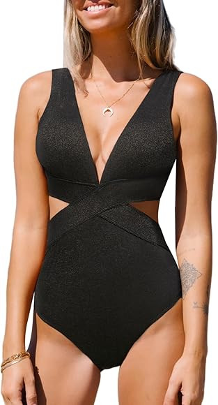 CUPSHE One Piece Swimsuit for Women Bathing Suit V Neck Cutout Sexy Swimwear Wide Straps Back Hoo... | Amazon (US)