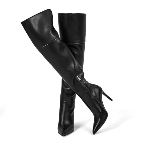wetkiss Black Thigh High Boots for Women 4 in Stiletto Heel Over the Knee Boots with Ponited Toe Half Side Zipper High Heeled Fashion Dress Tall Boot Wide Calf PU Leather Winter Long Boot, Size 6.5 | Amazon (US)
