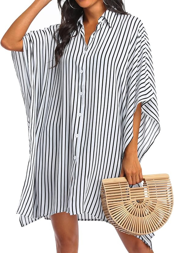 Ekouaer Women's Swimsuit Cover Up 3/4 Sleeve Beachwear Bikini Coverups Button Down Oversized Cove... | Amazon (US)