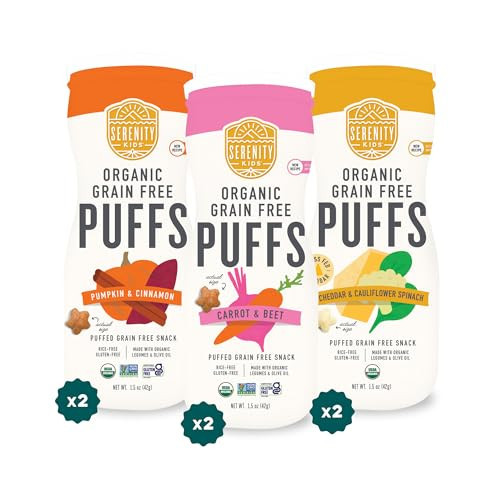 Serenity Kids 6+ Months Baby Puffs - Pack of 6, 1.5 oz, Variety Pack- USDA Organic Grain Free Toddler Food - Nut, Rice & Gluten Free Baby Snacks with Veggies, Legumes & Olive Oil | Amazon (US)