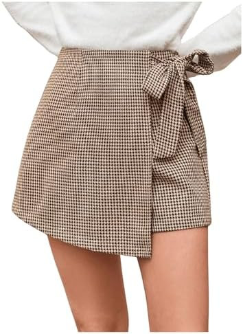 Floerns Women's Houndstooth Print Tie Front Skorts Asymmetrical Hem High Waist Skirt Shorts | Amazon (US)