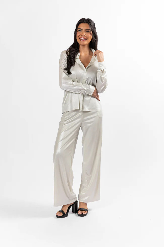 In The Works Silver Knit Button Down and Pants Set | Pink Lily