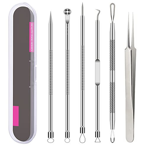 Pimple Popper Tool Kit, 6 Pcs Blackhead Remover Acne Needle Tools Set Removing Treatment Comedone Whitehead Popping Zit for Nose Face Skin Blemish Extractor Tool - Silver | Amazon (US)