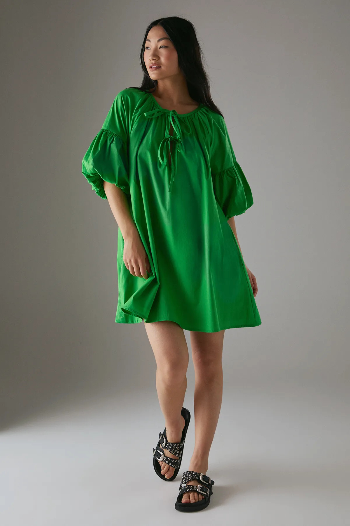 Petite Cotton Tie Front Mini Smock Dress | boohoo (US & Canada)