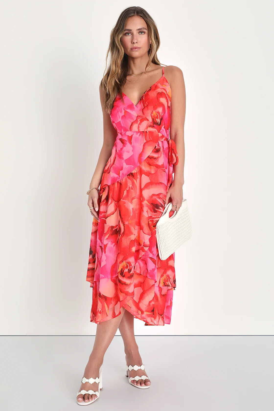 Sunny Certainty Red Orange Floral Chiffon Wrap Midi Dress | Lulus (US)