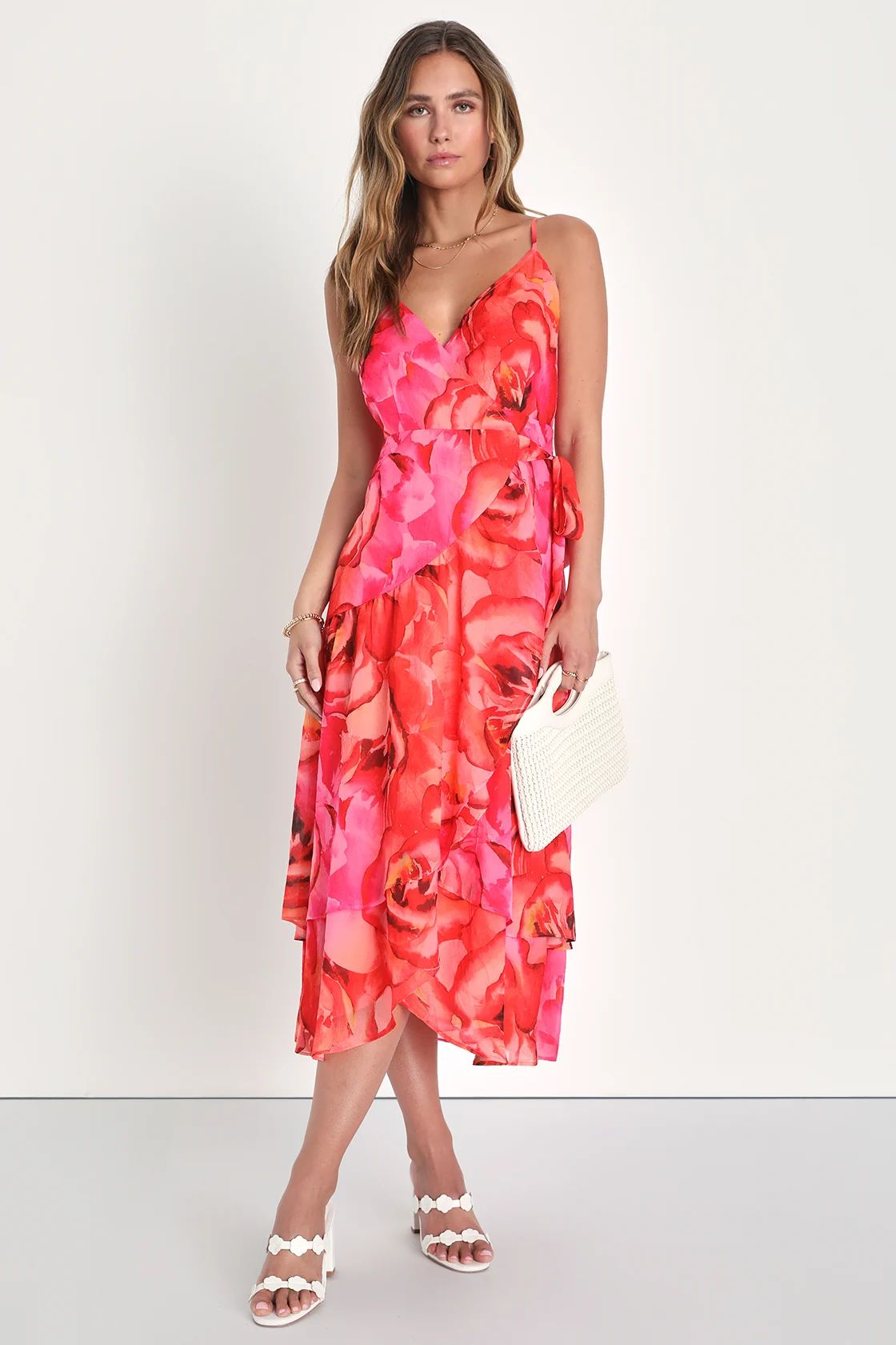 Sunny Certainty Red Orange Floral Chiffon Wrap Midi Dress | Lulus (US)