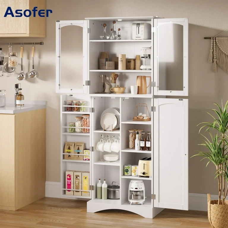 64"H Pantry Cabinet, Asofer Kitchen Storage with Glass Door, Freestanding Cabinet for Dining Room... | Walmart (US)