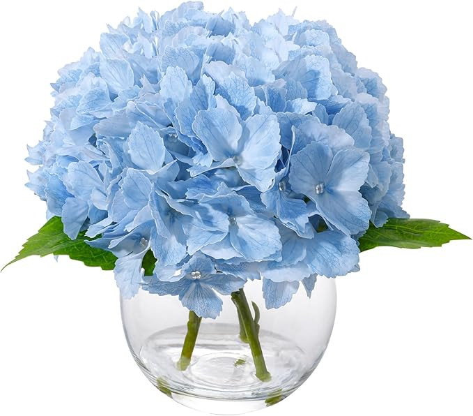 Blue Artificial Hydrangea Flowers in Glass Vase with Faux Water, 3 Stems Lifelike Fake Floral Arr... | Amazon (US)