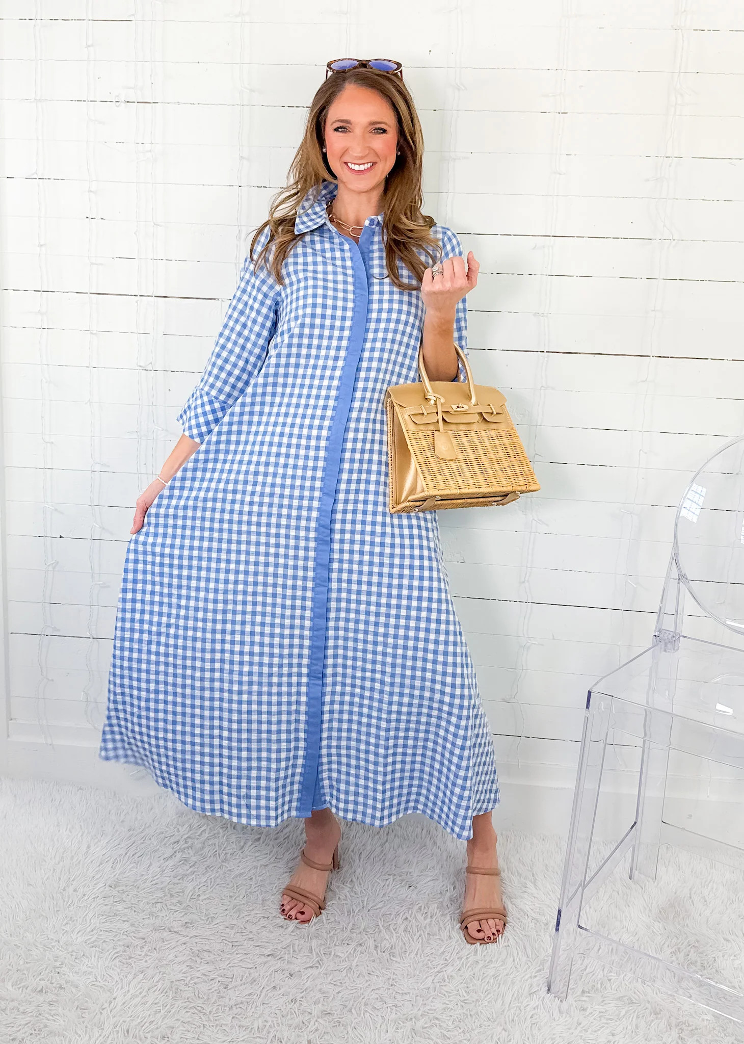 Quinn Cornflower Blue Gingham A-Line Maxi Dress Entro | Clover and Bee | Clover + Bee