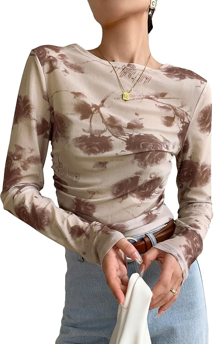 Women's Casual Tie Dye Mock Neck Tee Long Sleeve Fitted T Shirts Tops | Amazon (US)