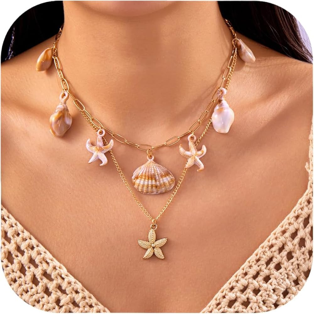RINHOO Charm Necklace for Women 14K Gold Plated Shell Starfish Bow Pendant Necklace Summer Beach ... | Amazon (US)