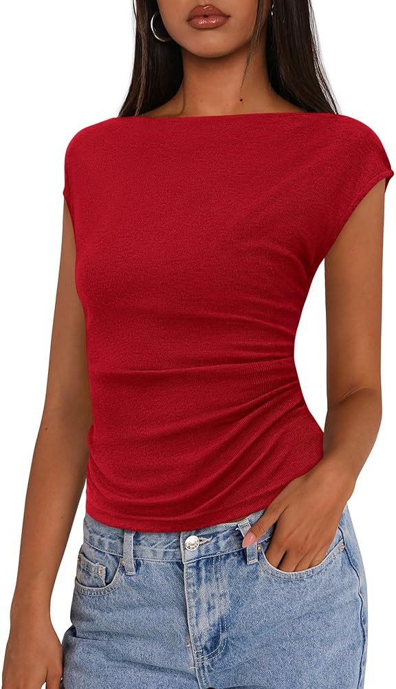 PRETTYGARDEN Women's Ruched Crop Tank Tops 2025 Summer Trendy Cap Sleeve Ribbed Knit Basic Fitted... | Amazon (US)