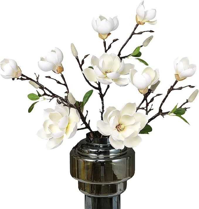 3PCS Artificial Magnolia Flowers Realistic Long Stem White Silk Magnolia with Green Leave Floral ... | Amazon (US)