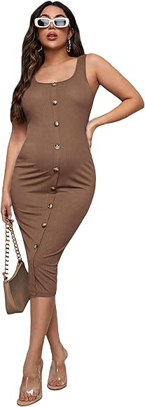 SOLY HUX Women's Maternity Scoop Neck Sleeveless Button Front Midi Bodycon Tank Dress | Amazon (US)