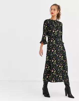 Oasis midi dress with frill sleeves in floral print | ASOS US