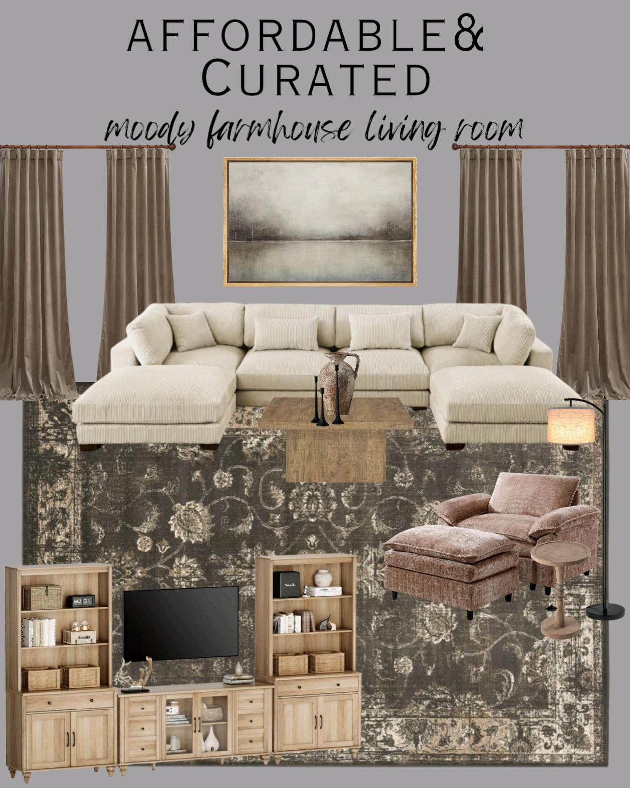 Moody living room inspo. Many items are on sale! Shop by clicking the thumbnails below 👇.  . . Modern farmhouse living room, farmhouse living room, modern farmhouse rug, vintage rug, farmhouse rug, affordable couch, affordable living room furniture, affordable furniture, affordable, affordable home decor, Moody living room, moody rug, moody home decor,  couch, chair with ottoman, cozy living room, cozy home, floor lamp, curtains, curtains living room, curtains amazon, wall art, moody wall art, entertainment center, living room, living room furniture, sofa, sectional sofa, sectional couch, tv media console, bookshelf, bookcase, amazon home, coffee table, coffee table decor 

#LTKHome #LTKSaleAlert #LTKStyleTip