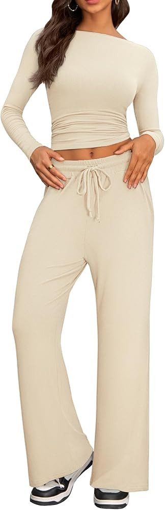 Cozy 2 Piece Lounge Sets for Women, Side Ruched Long Sleeve Top & Wide Leg Pants Casual Matching ... | Amazon (US)