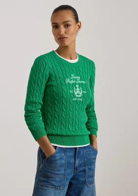 Lauren Ralph Lauren Women's Embroidered-Crest Cable-Knit Sweater, Green, Small | Belk