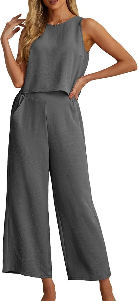 Amazon.com: IWOLLENCE Women's Summer 2 Piece Outfits Set Round neck Sleeveless Tank Crop Top Wide... | Amazon (US)