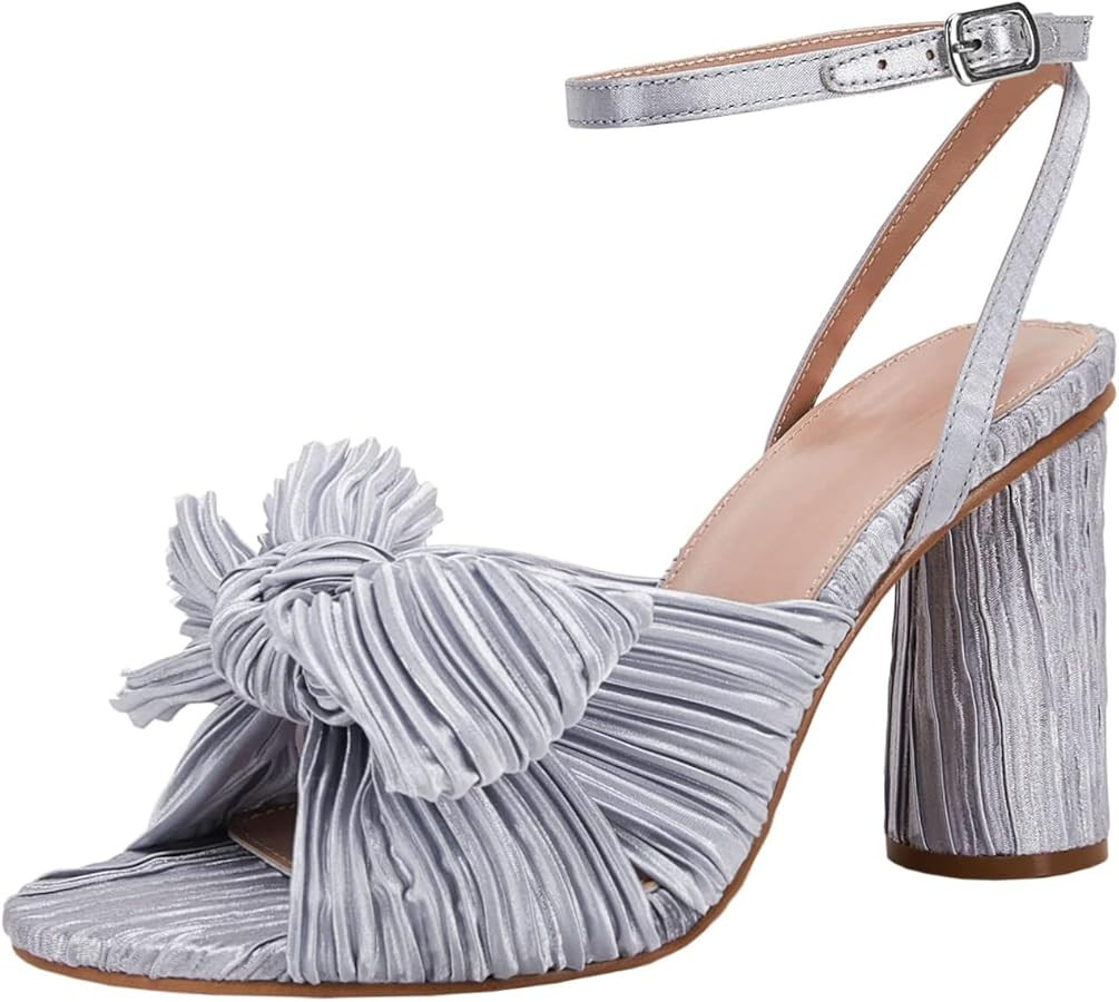 VETASTE Women's Bow Knot Heeled Sandals Bridal Wedding Open Toe Ankle Strap Chunky Heels | Amazon (US)