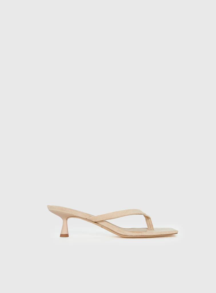 So Exclusive Faux Suede Thong Heels Tan | Princess Polly US