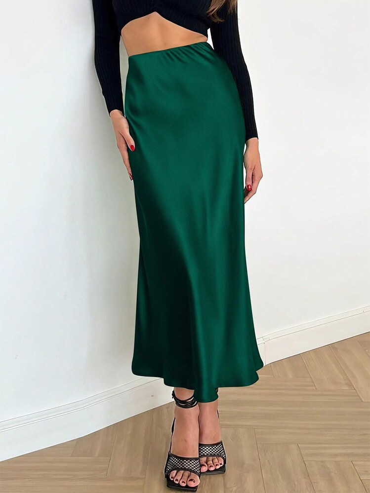 Women's Satin Silk High Waist Flare A-Line Midi Skirt Solid Color Spring Summer Fall Autumn Skirt Cocktail Valentine Day Wedding Elegant Valentine Midi Skirt | SHEIN