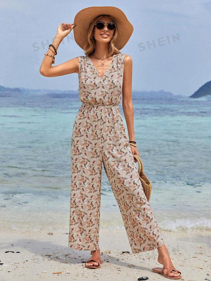 SHEIN Frenchy Summer Vacation Women's Sleeveless Jumpsuit With Paisley Cashew Printing | SHEIN
