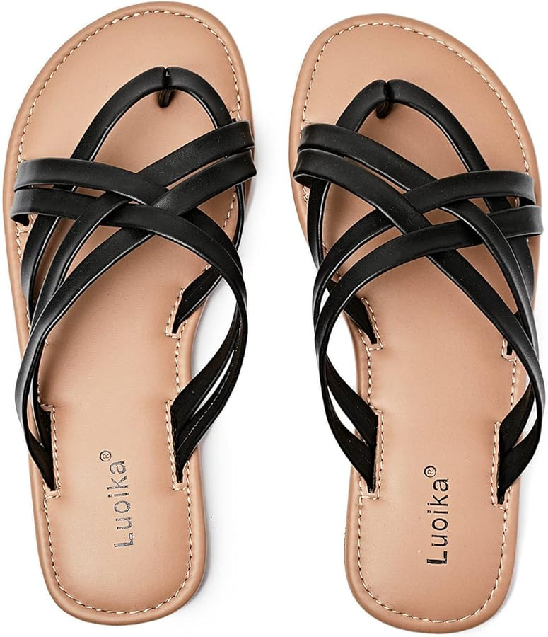 Luoika Women's Wide Width Flat Sandals, Flip Flop Slides Sandal Casual Strapy Sandal Slip on Summ... | Amazon (US)