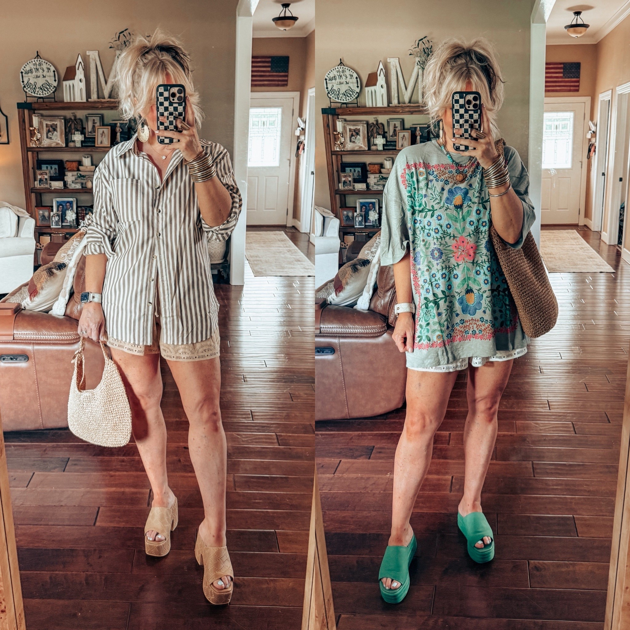 These shorts are so fun! Wearing a size medium in them. My graphic tee is one size and my button down is a medium. Big sandals run true to size  

#LTKStyleTip #LTKOver40 #LTKFindsUnder50