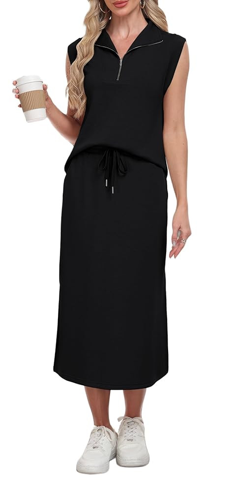 Lepunuo Women Skirt Sets 2 Piece Outfits Casual Half Zip Lapel Top Travel Midi Dress Sets | Amazon (US)