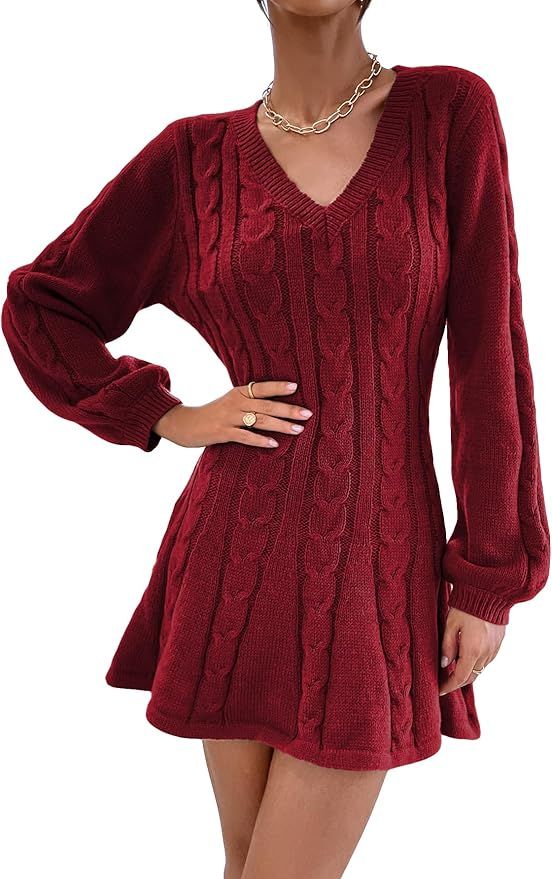 SweatyRocks Women's Cable Knit Short V Neck Sweater Dress Soild Long Bishop Sleeve Flared Dresses | Amazon (US)