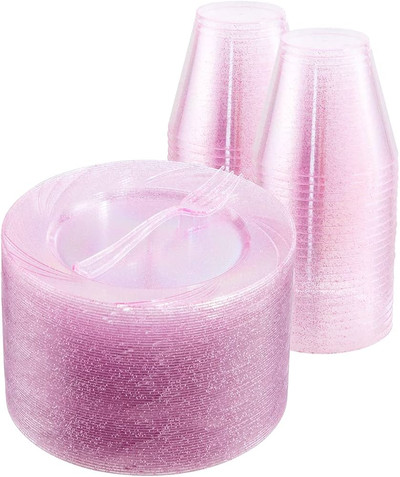 bUCLA 100pack Dessert Plates Pink Plates 6.5inch -100pack Plastic Dessert Forks 5inch-100Pack Dis...